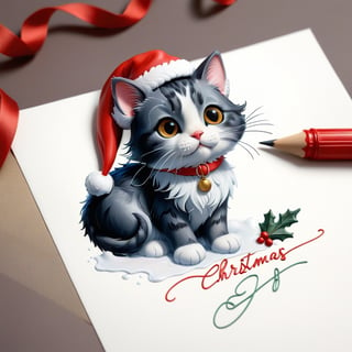 a beautifully decorated handwritten CHRISTMAS style letter, with beautiful handwriting, wax seal, anatomically correct cute cat pencil sketch decorate the letter, snow piles on the letter, christmas decorations on the letter,a1sw-InkyCapWitch,InkyCapWitchyHat
