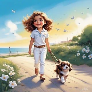 long haired LITTLE girl in casual white jeans and loose fitting white polo walking in the spring time beach street with a cute puppy, little birds on the morning sky. Modifiers: Bob peak, Coby Whitmore ART style, fashion magazine illustration