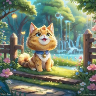 we see the DETAILED enchanted little garden, DETAILED ENCHANTED garden life, there is a wooden fence with a mail box and the fluffy tiny FUNNY CAT sitting on the wooden fence of the ENCHANTED garden, dew waterdrops dripping around. Modifiers: Unreal Engine, magical, Pino Daeni, midjourney, Astounding, outstanding, otherwordliness, cute illustration, cuteaesthetic, Coby Whitmore style, highly intricate, whimsical, 4K 3D, stunning color depth, cute illustration, Coby Whitmore ART style