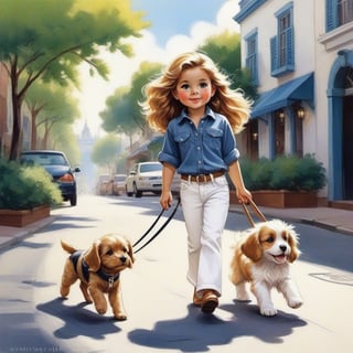 a long haired LITTLE girl in loose fitting white jeans and long polo, walking in the spring street with a cute puppy. Modifiers: Bob peak, Coby Whitmore ART style, fashion magazine illustration
