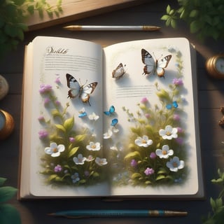 Beautifully illustrated nature journal page 3d little white butterflies and tiny flowers and focused detail Modifiers: Unreal Engine, Nazar Noschenko, magical, Pino Daeni, midjourney, Astounding, outstanding, otherwordliness, cute illustration, cuteaesthetic, Boris Vallejo style, highly intricate, whimsical, 4K 3D, stunning color depth, cute illustration, Dorian Vallejo style, stunning color depth, dreamlike, highly intricate, SALVADOR DALÍ