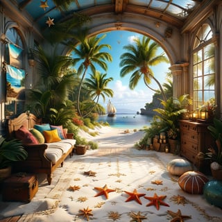 ((ultra realistic photo)), a cute disordered shabby ragged style pirate balcony on the white sand, dusty worn-out walls,spiderwebs on the wall, scattered white blanket on the sofa, creased white rug, shabby bean-bed, little treasure chest as table, huge window, great amazing view to the south pacific lagoon, , detailed beach , scattered blankets here and there, tiny delicate sea-shell, little delicate starfish, sea ,(very detailed amazing view to the tropical lagoon, SEA SHORE, PALM TREES, sailing ship, DETAILED LANDSCAPE, COLORFUL) (GOLDEN HOUR LIGHTING),Tim Burton Style