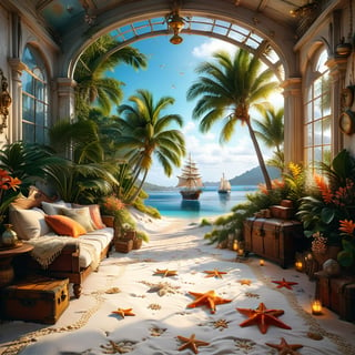 ((ultra realistic photo)), a cute disordered shabby ragged style pirate balcony on the white sand, dusty worn-out walls,spiderwebs on the wall, scattered white blanket on the sofa, creased white rug, shabby bean-bed, little treasure chest as table, huge window, great amazing view to the south pacific lagoon, , detailed beach , scattered blankets here and there, tiny delicate sea-shell, little delicate starfish, sea ,(very detailed amazing view to the tropical lagoon, SEA SHORE, PALM TREES, sailing ship, DETAILED LANDSCAPE, COLORFUL) (GOLDEN HOUR LIGHTING),Tim Burton Style