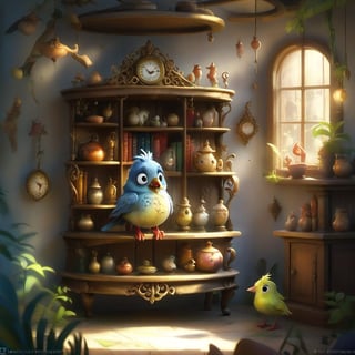 we see the DETAILED enchanted little lovely living room, DETAILED ENCHANTED little cupboard, fluffy tiny FUNNY BIRD standing on the cupboard shelf,  airborne dust particles around. Modifiers: Unreal Engine, magical, Pino Daeni, midjourney, Astounding, outstanding, otherwordliness, cute illustration, cuteaesthetic, Boris Vallejo style, highly intricate, whimsical, 4K 3D, stunning color depth, cute illustration, Jean-Baptiste Monge CUTE paint style