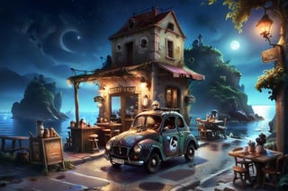 Old village on the sea night time, nice view, an old vintage car on the road, a little coffee shop, Jean-Baptiste Monge, Kukharskiy Igor, Thomas wells schaller style, ghostly, Nizza, summer,island,DonM3lv3nM4g1cXL,stworki,style,Apoloniasxmasbox,DonMD0n7P4n1cXL,colorful,skull,clay,kid_backdrop,nodf_xl,3D,real_booster,cute cartoon ,anitoon style