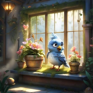 we see the DETAILED enchanted little lovely living room, DETAILED ENCHANTED fluffy tiny FUNNY BIRD standing on the window ledge next to the flowerpot, airborne dust particles around. Modifiers: Unreal Engine, magical, Pino Daeni, midjourney, Astounding, outstanding, otherwordliness, cute illustration, cuteaesthetic, Boris Vallejo style, highly intricate, whimsical, 4K 3D, stunning color depth, cute illustration, Jean-Baptiste Monge CUTE paint style