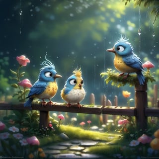 we see the DETAILED enchanted little garden, DETAILED ENCHANTED garden life, fluffy tiny FUNNY BIRD standing on the fence of the garden,  waterdrops dripping around. Modifiers: Unreal Engine, magical, Pino Daeni, midjourney, Astounding, outstanding, otherwordliness, cute illustration, cuteaesthetic, Boris Vallejo style, highly intricate, whimsical, 4K 3D, stunning color depth, cute illustration, Jean-Baptiste Monge CUTE paint style