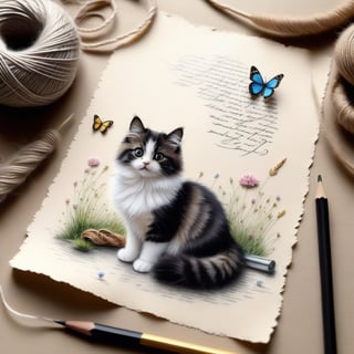 ((ultra realistic photo)), artistic sketch art, Make a little pencil sketch of a cute TINY FLUFFY CAT on an old TORN EDGE paper , art, textures, pure perfection, high definition, feather around, TINY DELICATE FLOWERS, ball of yarn, cushion, grass fiber on the paper,tiny yarn fibers, Sunbeam, butterfly, tiny cat toys, detailed calligraphy texts, tiny delicate drawings