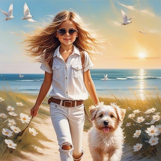 long haired CUTE LITTLE girl in BOHO STYLE white jeans and loose fitting white polo walking in the spring time beach with a cute puppy, little birds on the sky. Modifiers: Bob peak ART STYLE, Coby Whitmore ART style, fashion magazine illustration, 1 cute little girl
