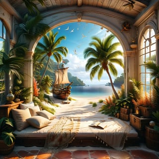 ((ultra realistic photo)), a cute disordered shabby ragged style pirate balcony on the white sand, dusty worn-out walls,spiderwebs on the wall, scattered white blanket on the sofa, creased white rug, shabby bean-bed, little treasure chest as table, huge window, great amazing view to the south pacific lagoon, , detailed beach , scattered blankets here and there, tiny delicate sea-shell, little delicate starfish, sea ,(very detailed amazing view to the tropical lagoon, SEA SHORE, PALM TREES, sailing ship, DETAILED LANDSCAPE, COLORFUL) (GOLDEN HOUR LIGHTING),Tim Burton Style