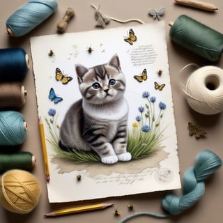 ((ultra realistic photo)), artistic sketch art, Make a little pencil sketch of a cute TINY BRITISH shorthaired CAT on an old TORN EDGE paper , art, textures, pure perfection, high definition, feather around, TINY DELICATE FLOWERS, ball of yarn, cushion, grass fiber on the paper,tiny yarn fibers, Sunbeam, butterfly, bees, tiny cat toys, detailed calligraphy texts, tiny delicate drawings