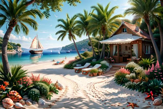 A serene NIzza beach scene unfolds before us. Little apartman house with terrace. Soft white sand stretches beneath the gentle sway of trees, while a family plays and laughs together and sunbathe. In the distance, a majestic sailing ship glides across the calm sea, its sails billowing in the breeze. Blankets scatter the shore, topped with tiny treasures: delicate sea-shells and starfish. The highly detailed landscape, reminiscent of Jean-Jacques Sempé's whimsical illustrations from Petit Nicolas, comes to life in PASTEL SHADES.,3dmdt1,3D