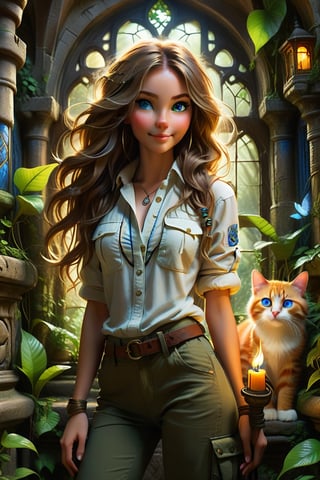 tall skinny explorer woman standig in loose cargo pants khaki boots and loose shirt, long shiny hair, piercing lovely blue eyes, lovely face, perky smile, exploring the Ghotical magical astonishing enchanted detailed underground temple with a torch, Holding a cat in her hand. anchient detailed paintings , lush green lianas and Gothic window on the wall, one cute cat with the explorer.,