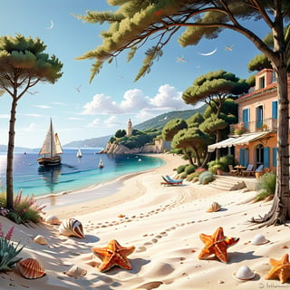 A serene NIzza beach scene unfolds before us. Little apartman house with terrace. Soft white sand stretches beneath the gentle sway of trees, while a family plays and laughs together and sunbathe. In the distance, a majestic sailing ship glides across the calm sea, its sails billowing in the breeze. Blankets scatter the shore, topped with tiny treasures: delicate sea-shells and starfish. The highly detailed landscape, reminiscent of Jean-Jacques Sempé's whimsical illustrations from Petit Nicolas, comes to life in PASTEL SHADES.,3D, score_9_up,3d toon style,realistic,LegendDarkFantasy