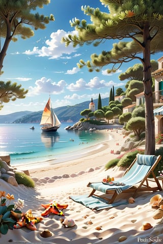 A serene NIzza beach scene unfolds before us. Little apartman house with terrace. Soft white sand stretches beneath the gentle sway of trees, while a family plays and laughs together and sunbathe. In the distance, a majestic sailing ship glides across the calm sea, its sails billowing in the breeze. Blankets scatter the shore, topped with tiny treasures: delicate sea-shells and starfish. The highly detailed landscape, reminiscent of Jean-Jacques Sempé's whimsical illustrations from Petit Nicolas, comes to life in PASTEL SHADES.,3D, score_9_up,3d toon style,realistic,LegendDarkFantasy,Movie Poster,DonM3lv3nM4g1cXL,DonMW15pXL,DonMD0n7P4n1cXL,island