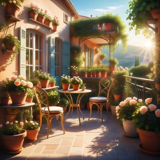 a miniature scene of a magical PROVENCE BALCONY with many potted plants and chairs, plants and terrace, summer morning light, beautiful terrace, garden at home, summer EVENING light, brilliant EVENING light, afternoon light, afternoon sun, garden environment, cozy place, lush flowers outdoors, afternoon light, ivy, bonsai, roses, table, stool,