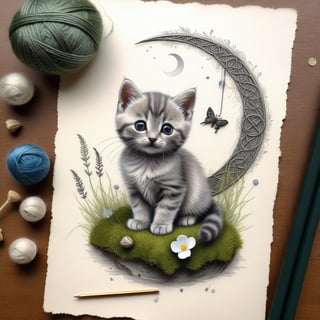((ultra realistic photo)), artistic sketch art, Make a little pencil sketch of a TINY GREY CAT on an old TORN EDGE paper , art, textures, pure perfection, high definition, feather around, DELICATE FLOWERS, ball of yarn, COIN, grass fiber on the paper, LITTLE MOON, MOONLIGHT, TINY MUSHROOM, SPIDERWEB, GEM, MOSS FIBER , TINY BROOM, DELICATE CELTIC ORNAMENT, BUNCH OF KEYS, detailed calligraphy text, tiny delicate drawings