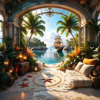 ((ultra realistic photo)), a cute disordered shabby ragged style pirate balcony on the white sand, dusty worn-out walls,spiderwebs on the wall, scattered white blanket on the sofa, creased white rug, shabby bean-bed, little treasure chest as table, huge window, great amazing view to the south pacific lagoon, , detailed beach , scattered blankets here and there, tiny delicate sea-shell, little delicate starfish, sea ,(very detailed amazing view to the tropical lagoon, SEA SHORE, PALM TREES, sailing ship, DETAILED LANDSCAPE, COLORFUL) (GOLDEN HOUR LIGHTING),Tim Burton Style