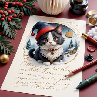 a beautifully decorated calligraphic handwritten CHRISTMAS style letter, with beautiful handwriting, wax seal, anatomically correct cute cat pencil sketch decorate the letter, snow piles on the letter, christmas decorations around the letter, christmas decorations on the letter,InkyCapWitchyHat,a1sw-InkyCapWitch
