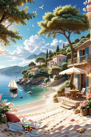 A serene NIzza beach scene unfolds before us. Little apartman house with terrace. Soft white sand stretches beneath the gentle sway of trees, while a family plays and laughs together and sunbathe. In the distance, a majestic sailing ship glides across the calm sea, its sails billowing in the breeze. Blankets scatter the shore, topped with tiny treasures: delicate sea-shells and starfish. The highly detailed landscape, reminiscent of Jean-Jacques Sempé's whimsical illustrations from Petit Nicolas, comes to life in PASTEL SHADES.,3D, score_9_up,3d toon style,realistic,LegendDarkFantasy,Movie Poster,DonM3lv3nM4g1cXL,DonMW15pXL,DonMD0n7P4n1cXL,island