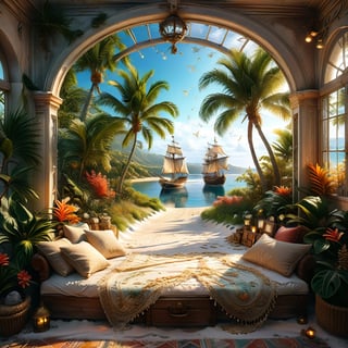 ((ultra realistic photo)), a cute disordered shabby ragged style pirate balcony on the white sand, dusty worn-out walls,spiderwebs on the wall, scattered white blanket on the sofa, creased white rug, shabby bean-bed, little treasure chest as table, huge window, great amazing view to the south pacific lagoon, , detailed beach , scattered blankets here and there, tiny delicate sea-shell, little delicate starfish, sea ,(very detailed amazing view to the tropical lagoon, SEA SHORE, PALM TREES, sailing ship, DETAILED LANDSCAPE, COLORFUL) (GOLDEN HOUR LIGHTING),Tim Burton Style