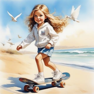 long haired HAPPY 10 year old (BLUE EYED girl in WHITE SKATEBOARDING CLOTHES) walking in the spring time beach with a cute puppy, little birds on the sky. Modifiers: Bob peak ART STYLE, Coby Whitmore ART style, fashion magazine illustration,