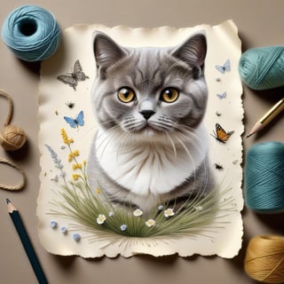 ((ultra realistic photo)), artistic sketch art, Make a little pencil sketch of a cute TINY BRITISH shorthaired CAT on an old TORN EDGE paper , art, textures, pure perfection, high definition, feather around, TINY DELICATE FLOWERS, ball of yarn, cushion, grass fiber on the paper,tiny yarn fibers, Sunbeam, butterfly, bees, tiny cat toys, detailed calligraphy texts, tiny delicate drawings