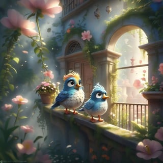 we see the DETAILED enchanted little lovely garden, DETAILED ENCHANTED fluffy tiny FUNNY BIRD standing the balcony on the wall next to an enchanted flower, airborne dust particles around. Modifiers: Unreal Engine, magical, Andy Catling, midjourney, Astounding, outstanding, otherwordliness, cute illustration, cuteaesthetic, Andy Catling style, highly intricate, whimsical, 4K 3D, stunning color depth, cute illustration, Andy Catling CUTE paint style