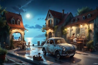 Old SHABBY STYLE village on the sea night time, nice view, an old vintage car on the road, a little coffee shop, Jean-Baptiste Monge, Kukharskiy Igor, Thomas wells schaller style, ghostly, Nizza, summer
