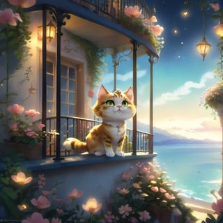 we see the DETAILED enchanted lovely balcony on the wall with great view to the sea night time, DETAILED ENCHANTED fluffy tiny FUNNY CAT standing on the balcony next to an enchanted flower, airborne dust particles around. Modifiers: Unreal Engine, magical, Coby Whitmore, midjourney, Astounding, outstanding, otherwordliness, cute illustration, cuteaesthetic, Coby Whitmore style, highly intricate, whimsical, 4K 3D, stunning color depth, cute illustration, Coby Whitmore ART style