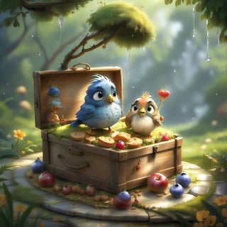 we see the DETAILED enchanted little garden, DETAILED ENCHANTED garden life, fluffy tiny FUNNY BIRD standing on the opened picnic box, bread crumbs and breakfast on the blanket, waterdrops dripping around. Modifiers: Unreal Engine, magical, Pino Daeni, midjourney, Astounding, outstanding, otherwordliness, cute illustration, cuteaesthetic, Boris Vallejo style, highly intricate, whimsical, 4K 3D, stunning color depth, cute illustration, Jean-Baptiste Monge CUTE paint style