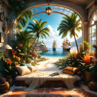 ((ultra realistic photo)), a cute disordered shabby ragged style pirate balcony on the white sand, dusty worn-out walls,spiderwebs on the wall, scattered white blanket on the sofa, creased white rug, shabby bean-bed, little treasure chest as table, huge window, great amazing view to the south pacific lagoon, , detailed beach , scattered blankets here and there, tiny delicate sea-shell, little delicate starfish, sea ,(very detailed amazing view to the tropical lagoon, SEA SHORE, PALM TREES, sailing ship, DETAILED LANDSCAPE, COLORFUL) (GOLDEN HOUR LIGHTING),Tim Burton Style