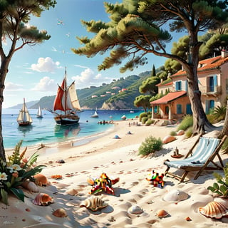 A serene NIzza beach scene unfolds before us. Little apartman house with terrace. Soft white sand stretches beneath the gentle sway of trees, while a family plays and laughs together and sunbathe. In the distance, a majestic sailing ship glides across the calm sea, its sails billowing in the breeze. Blankets scatter the shore, topped with tiny treasures: delicate sea-shells and starfish. The highly detailed landscape, reminiscent of Jean-Jacques Sempé's whimsical illustrations from Petit Nicolas, comes to life in PASTEL SHADES.,3D, score_9_up,3d toon style,realistic,LegendDarkFantasy