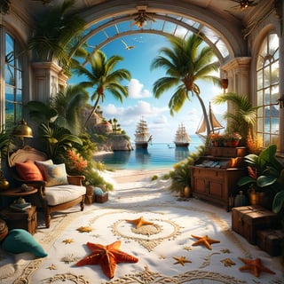 ((ultra realistic photo)), a cute disordered shabby ragged style pirate balcony on the white sand, dusty worn-out walls,spiderwebs on the wall, scattered white blanket on the sofa, creased white rug, shabby bean-bed, little treasure chest as table, huge window, great amazing view to the south pacific lagoon, , detailed beach , scattered blankets here and there, tiny delicate sea-shell, little delicate starfish, sea ,(very detailed amazing view to the tropical lagoon, SEA SHORE, PALM TREES, sailing ship, DETAILED LANDSCAPE, COLORFUL) (GOLDEN HOUR LIGHTING),Tim Burton Style