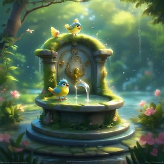 we see the DETAILED enchanted little garden, populous DETAILED ENCHANTED garden life, little mossy drinking fountain with fluffy tiny LOVELY BIRD bathe on it with floating waterdrops around. Modifiers: Unreal Engine, magical, Pino Daeni, midjourney, Astounding, outstanding, otherwordliness, cute illustration, cuteaesthetic, Boris Vallejo style, highly intricate, whimsical, 4K 3D, stunning color depth, cute illustration, WHIMSICAL