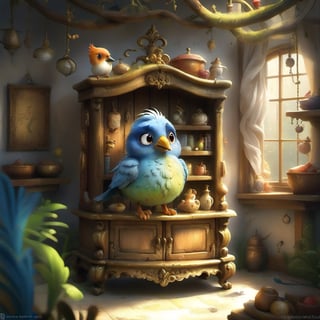 we see the DETAILED enchanted little lovely living room, DETAILED ENCHANTED little cupboard, fluffy tiny FUNNY BIRD standing on the cupboard shelf,  airborne dust particles around. Modifiers: Unreal Engine, magical, Pino Daeni, midjourney, Astounding, outstanding, otherwordliness, cute illustration, cuteaesthetic, Boris Vallejo style, highly intricate, whimsical, 4K 3D, stunning color depth, cute illustration, Jean-Baptiste Monge CUTE paint style