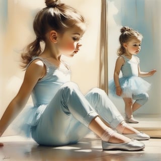 cute 3-year-old ballerina girl in her pale blue long trouser is practicing in front of the slightly reflective mirror in her room (blurry reflection in the mirror), Modifiers: Bob peak ART STYLE, Coby Whitmore ART style, fashion magazine illustration