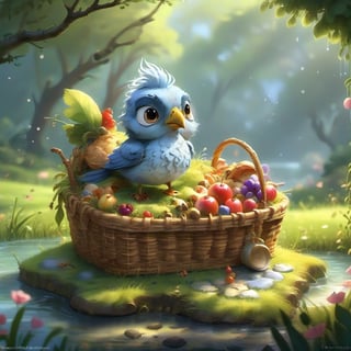 we see the DETAILED enchanted little garden, populous DETAILED ENCHANTED garden life, fluffy tiny FUNNY BIRD standing on the edge of the fully packed picnic basket, the basket is standing in the grass with floating waterdrops around. Modifiers: Unreal Engine, magical, Pino Daeni, midjourney, Astounding, outstanding, otherwordliness, cute illustration, cuteaesthetic, Boris Vallejo style, highly intricate, whimsical, 4K 3D, stunning color depth, cute illustration, Jean-Baptiste Monge paint style