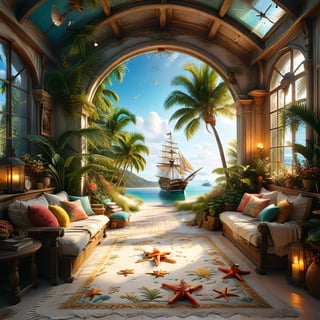 ((ultra realistic photo)), a cute disordered shabby ragged style pirate balcony on the white sand, dusty worn-out walls,spiderwebs on the wall, scattered white blanket on the sofa, creased white rug, shabby bean-bed, little treasure chest as table, huge window, great amazing view to the south pacific lagoon, , detailed beach , scattered blankets here and there, tiny delicate sea-shell, little delicate starfish, sea ,(very detailed amazing view to the tropical lagoon, SEA SHORE, PALM TREES, sailing ship, DETAILED LANDSCAPE, COLORFUL) (GOLDEN HOUR LIGHTING),Tim Burton Style