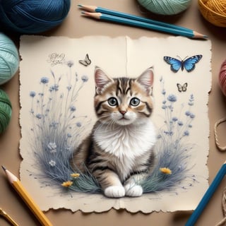 ((ultra realistic photo)), artistic sketch art, Make a little pencil sketch of a cute CAT on an old TORN EDGE paper , art, textures, pure perfection, high definition, feather around, TINY DELICATE FLOWERS, ball of yarn, cushion, grass fiber on the paper,tiny yarn fibers, Sunbeam, butterfly, tiny cat toys, detailed calligraphy texts, tiny delicate drawings