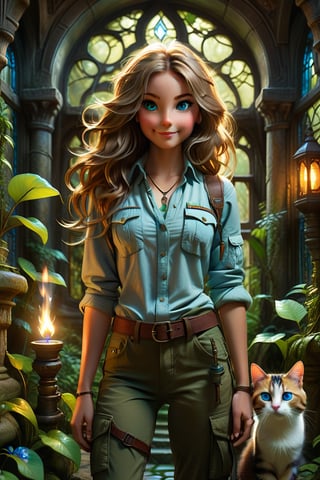 tall skinny explorer woman standig in loose cargo pants khaki boots and loose shirt, long shiny hair, piercing lovely blue eyes, lovely face, perky smile, exploring the Ghotical magical astonishing enchanted detailed underground temple with a torch, Holding a cat in her hand. anchient detailed paintings , lush green lianas and Gothic window on the wall, one cute cat with the explorer.,