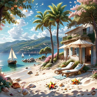 A serene NIzza beach scene unfolds before us. Little apartman house with terrace. Soft white sand stretches beneath the gentle sway of trees, while a family plays and laughs together and sunbathe. In the distance, a majestic sailing ship glides across the calm sea, its sails billowing in the breeze. Blankets scatter the shore, topped with tiny treasures: delicate sea-shells and starfish. The highly detailed landscape, reminiscent of Jean-Jacques Sempé's whimsical illustrations from Petit Nicolas, comes to life in PASTEL SHADES.,3D, score_9_up,3d toon style,realistic,LegendDarkFantasy,Movie Poster,DonM3lv3nM4g1cXL,DonMW15pXL,DonMD0n7P4n1cXL,island