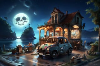 Old SHABBY STYLE village on the sea night time, nice view, an old vintage car on the road, a little coffee shop, Jean-Baptiste Monge, Kukharskiy Igor, Thomas wells schaller style, ghostly, Nizza, summer,island,DonM3lv3nM4g1cXL,stworki,style,Apoloniasxmasbox,DonMD0n7P4n1cXL,colorful,skull,clay,kid_backdrop,nodf_xl,3D,real_booster,cute cartoon ,anitoon style