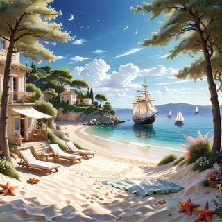 A serene NIzza beach scene unfolds before us. Little apartman house with terrace. Soft white sand stretches beneath the gentle sway of trees, while a family plays and laughs together and sunbathe. In the distance, a majestic sailing ship glides across the calm sea, its sails billowing in the breeze. Blankets scatter the shore, topped with tiny treasures: delicate sea-shells and starfish. The highly detailed landscape, reminiscent of Jean-Jacques Sempé's whimsical illustrations from Petit Nicolas, comes to life in PASTEL SHADES.,3D, score_9_up,3d toon style,realistic,LegendDarkFantasy,Movie Poster,DonM3lv3nM4g1cXL,DonMW15pXL,DonMD0n7P4n1cXL,island