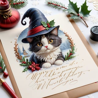 a beautifully decorated calligraphic handwritten CHRISTMAS style letter, with beautiful handwriting, wax seal, anatomically correct cute cat pencil sketch decorate the letter, snow piles on the letter, christmas decorations around the letter, christmas decorations on the letter,InkyCapWitchyHat,a1sw-InkyCapWitch