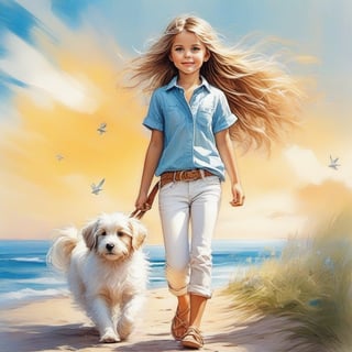 long haired CUTE 10 year old (BLUE EYED girl in BOHO STYLE white jeans and loose fitting white polo) walking in the spring time beach with a cute puppy, little birds on the sky. Modifiers: Bob peak ART STYLE, Coby Whitmore ART style, fashion magazine illustration,emo,(Pencil_Sketch:1.2