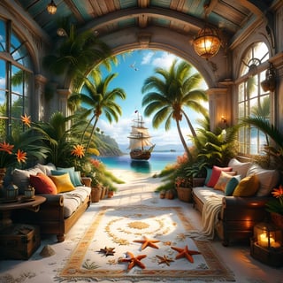 ((ultra realistic photo)), a cute disordered shabby ragged style pirate balcony on the white sand, dusty worn-out walls,spiderwebs on the wall, scattered white blanket on the sofa, creased white rug, shabby bean-bed, little treasure chest as table, huge window, great amazing view to the south pacific lagoon, , detailed beach , scattered blankets here and there, tiny delicate sea-shell, little delicate starfish, sea ,(very detailed amazing view to the tropical lagoon, SEA SHORE, PALM TREES, sailing ship, DETAILED LANDSCAPE, COLORFUL) (GOLDEN HOUR LIGHTING),Tim Burton Style