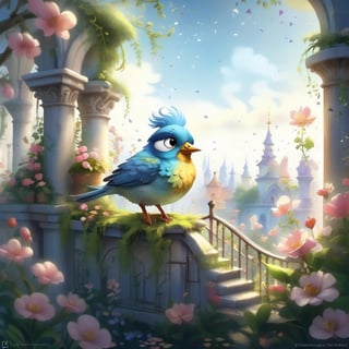 we see the DETAILED enchanted little lovely garden, DETAILED ENCHANTED fluffy tiny FUNNY BIRD standing the balcony on the wall next to a flower, airborne dust particles around. Modifiers: Unreal Engine, magical, Pino Daeni, midjourney, Astounding, outstanding, otherwordliness, cute illustration, cuteaesthetic, Boris Vallejo style, highly intricate, whimsical, 4K 3D, stunning color depth, cute illustration, Nazar Noschenko CUTE paint style