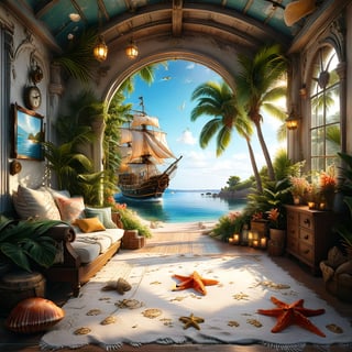 ((ultra realistic photo)), a cute disordered shabby ragged style pirate balcony on the white sand, dusty worn-out walls,spiderwebs on the wall, scattered white blanket on the sofa, creased white rug, shabby bean-bed, little treasure chest as table, huge window, great amazing view to the south pacific lagoon, , detailed beach , scattered blankets here and there, tiny delicate sea-shell, little delicate starfish, sea ,(very detailed amazing view to the tropical lagoon, SEA SHORE, PALM TREES, sailing ship, DETAILED LANDSCAPE, COLORFUL) (GOLDEN HOUR LIGHTING),Tim Burton Style