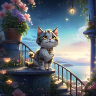 we see the DETAILED enchanted lovely balcony on the wall with great view to the sea night time, DETAILED ENCHANTED fluffy tiny FUNNY CAT standing on the balcony next to an enchanted flower, airborne dust particles around. Modifiers: Unreal Engine, magical, Pino Daeni, midjourney, Astounding, outstanding, otherwordliness, cute illustration, cuteaesthetic, Boris Valejo style, highly intricate, whimsical, 4K 3D, stunning color depth, cute illustration, Nazar Noschenko CUTE paint style